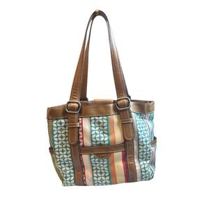 Fossil Floral Striped Canvas Leather Trimmed Shoulder Bag Purse‎ Tote